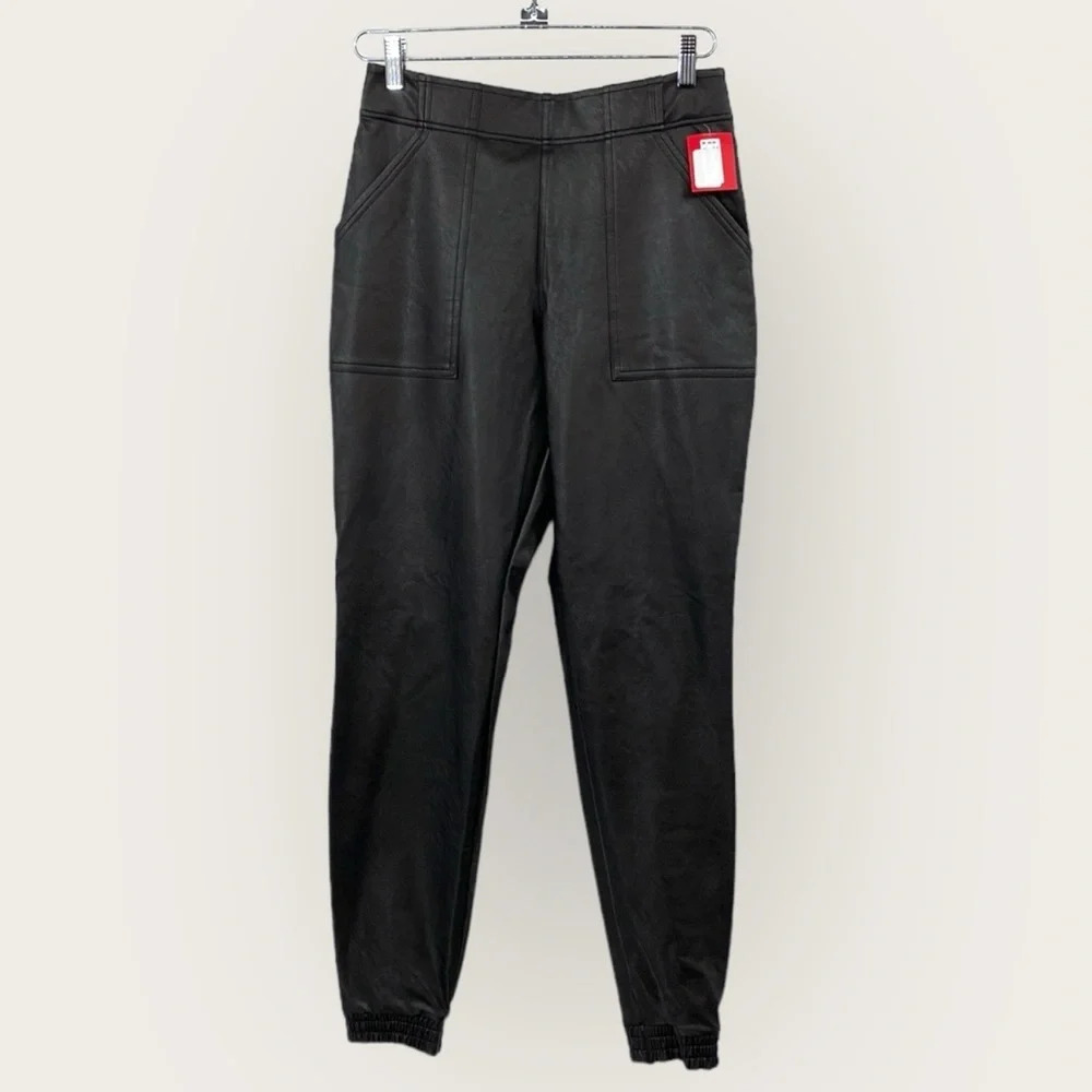 SPANX Sara Blakely Evereve Jogger Pants Women Sz Medium Black Faux Leather Like‎